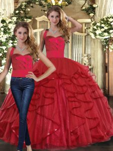 Red Tulle Lace Up Sweet 16 Quinceanera Dress Sleeveless Floor Length Ruffles