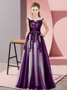 Beading and Lace Dama Dress for Quinceanera Dark Purple Zipper Sleeveless Floor Length