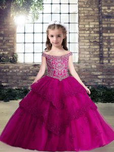 Great Fuchsia Tulle Lace Up Child Pageant Dress Sleeveless Floor Length Beading and Lace and Appliques