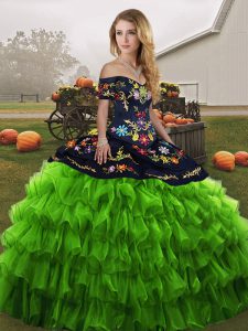 On Sale Ball Gowns Quinceanera Gowns Green Off The Shoulder Organza Sleeveless Floor Length Lace Up