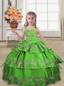 Perfect Green Sleeveless Floor Length Embroidery and Ruffled Layers Lace Up Pageant Dress for Teens