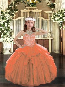 Orange Tulle Lace Up Halter Top Sleeveless Floor Length Kids Formal Wear Beading and Ruffles