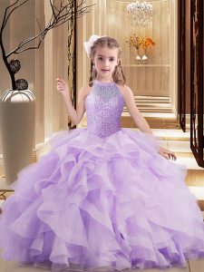 Lavender Lace Up Pageant Gowns For Girls Beading and Ruffles Sleeveless Floor Length