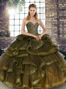 Olive Green Sleeveless Floor Length Beading and Ruffles Lace Up Sweet 16 Dress