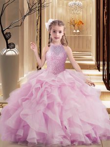 Lilac Sleeveless Tulle Lace Up Little Girls Pageant Gowns for Party and Wedding Party