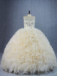 Fancy Champagne Lace Up Sweetheart Beading and Ruffles Vestidos de Quinceanera Fabric With Rolling Flowers Sleeveless Brush Train