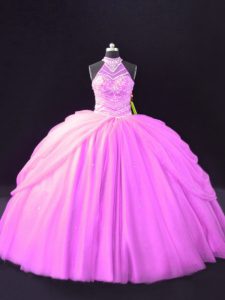 Lilac Lace Up Halter Top Beading and Pick Ups Sweet 16 Quinceanera Dress Tulle Sleeveless