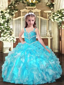 Unique Aqua Blue Lace Up Pageant Dress for Girls Beading and Ruffles Sleeveless Floor Length