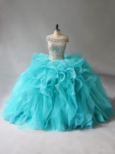 Brush Train Ball Gowns 15th Birthday Dress Aqua Blue Off The Shoulder Organza Sleeveless Lace Up