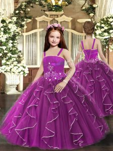 Top Selling Purple Tulle Lace Up Straps Sleeveless Floor Length Little Girls Pageant Gowns Ruffles