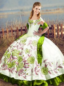 Cute Off The Shoulder Sleeveless Satin Quinceanera Dress Embroidery Lace Up