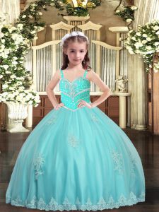 Pretty Straps Sleeveless Child Pageant Dress Floor Length Appliques Aqua Blue Tulle