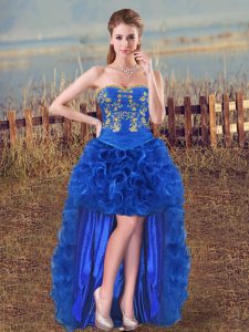Sleeveless High Low Embroidery and Ruffles Lace Up Prom Dress with Royal Blue