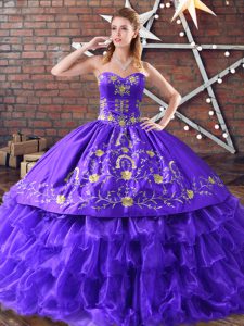 Eye-catching Purple Ball Gowns Embroidery and Ruffled Layers 15th Birthday Dress Lace Up Satin and Organza Sleeveless Floor Length