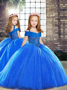 Royal Blue Straps Neckline Beading Pageant Dress for Girls Sleeveless Lace Up