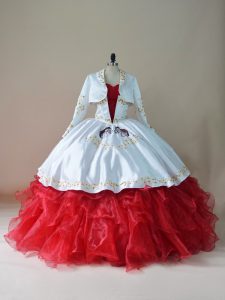 Adorable Sleeveless Organza Floor Length Lace Up Vestidos de Quinceanera in White And Red with Embroidery and Ruffles