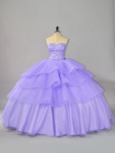 Modern Lavender 15th Birthday Dress Sweet 16 and Quinceanera with Beading and Ruffled Layers Sweetheart Sleeveless Lace Up