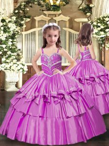 Floor Length Lace Up Little Girls Pageant Gowns Lilac for Party and Wedding Party with Beading