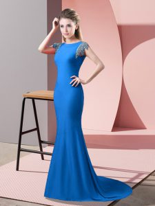 Unique High-neck Short Sleeves Evening Dress Brush Train Beading Blue Elastic Woven Satin