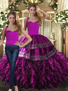 Delicate Fuchsia Halter Top Lace Up Embroidery and Ruffles Quinceanera Dresses Sleeveless
