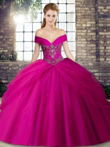 Lovely Tulle Off The Shoulder Sleeveless Brush Train Lace Up Beading and Pick Ups Quinceanera Dresses in Fuchsia