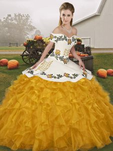 Fantastic Gold Quinceanera Gowns Military Ball and Sweet 16 and Quinceanera with Embroidery and Ruffles Off The Shoulder Sleeveless Lace Up