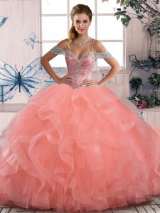 Peach Ball Gowns Beading and Ruffles Sweet 16 Dresses Lace Up Tulle Sleeveless Floor Length
