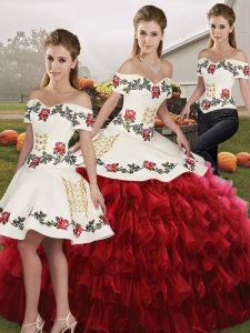 Cheap Wine Red Lace Up Off The Shoulder Embroidery and Ruffled Layers Sweet 16 Dresses Organza Sleeveless