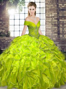 Vintage Floor Length Olive Green 15th Birthday Dress Organza Sleeveless Beading and Ruffles