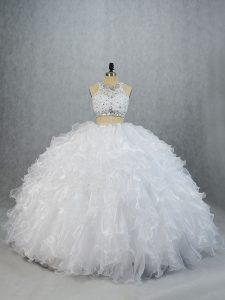 Graceful White Sleeveless Organza Brush Train Lace Up Quinceanera Dresses for Sweet 16 and Quinceanera