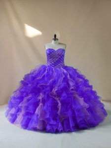 Customized Multi-color Ball Gowns Halter Top Sleeveless Organza Floor Length Lace Up Beading and Ruffles Quince Ball Gowns