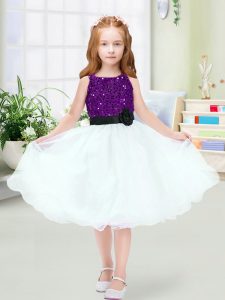 Custom Designed Sleeveless Organza Knee Length Zipper Flower Girl Dress in White with Sequins and Hand Made Flower