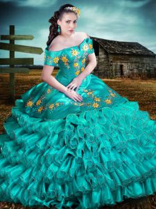 Fabulous Aqua Blue Off The Shoulder Lace Up Embroidery and Ruffles Sweet 16 Quinceanera Dress Sleeveless