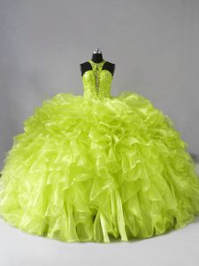 High Quality Yellow Green Sweet 16 Quinceanera Dress Organza Brush Train Sleeveless Beading and Ruffles