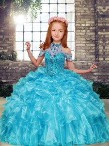 Top Selling Aqua Blue High-neck Neckline Beading and Ruffles Little Girl Pageant Dress Sleeveless Lace Up