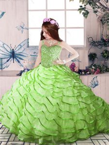 Straps Sleeveless High School Pageant Dress Court Train Beading and Ruffled Layers Organza