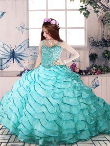 Aqua Blue Organza Lace Up Spaghetti Straps Sleeveless Floor Length Little Girls Pageant Dress Beading and Ruffled Layers