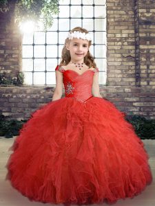 Attractive Red Side Zipper Custom Made Pageant Dress Beading and Ruffles Sleeveless Floor Length