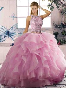 Admirable Scoop Sleeveless Quinceanera Gowns Floor Length Beading and Ruffles Pink Tulle