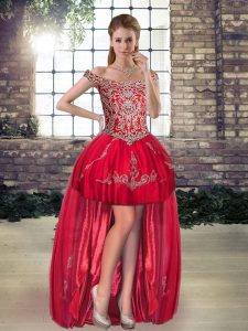 Captivating Red A-line Beading and Appliques Evening Dress Lace Up Tulle Sleeveless High Low