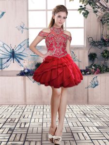 Fantastic Red Ball Gowns Organza Halter Top Sleeveless Beading and Ruffled Layers Mini Length Lace Up Red Carpet Prom Dress