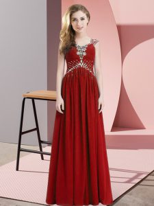 Most Popular Beading Dress for Prom Red Side Zipper Cap Sleeves Floor Length