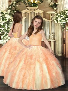 Custom Fit Orange Ball Gowns Straps Sleeveless Tulle Floor Length Lace Up Ruffles Little Girl Pageant Dress