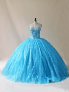 Organza Scoop Sleeveless Court Train Lace Up Beading and Appliques Sweet 16 Dress in Baby Blue
