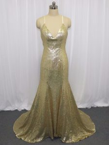 Champagne Sequined Criss Cross Going Out Dresses Sleeveless Brush Train Sequins