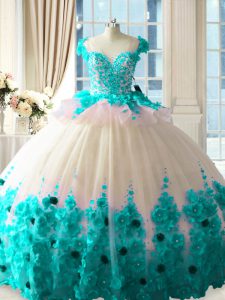 Tulle Sleeveless Sweet 16 Quinceanera Dress Brush Train and Hand Made Flower