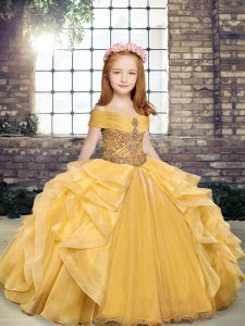 Ball Gowns Pageant Gowns Gold Off The Shoulder Organza Sleeveless Floor Length Lace Up