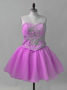 On Sale Lilac Organza Lace Up Sweetheart Sleeveless Mini Length Dress for Prom Beading