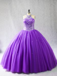 Purple Halter Top Neckline Beading Ball Gown Prom Dress Sleeveless Lace Up