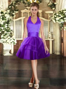 Tulle Halter Top Sleeveless Lace Up Ruffled Layers Celeb Inspired Gowns in Purple